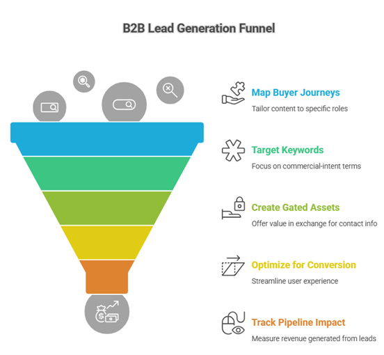 An infographic showing a funnel with a step-by-step process for how to generate B2B leads.