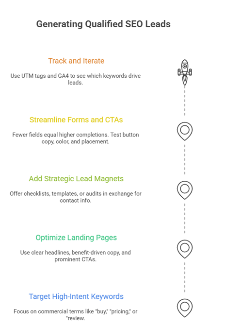 An infographic showing a step-by-step process for how to generate SEO Leads.