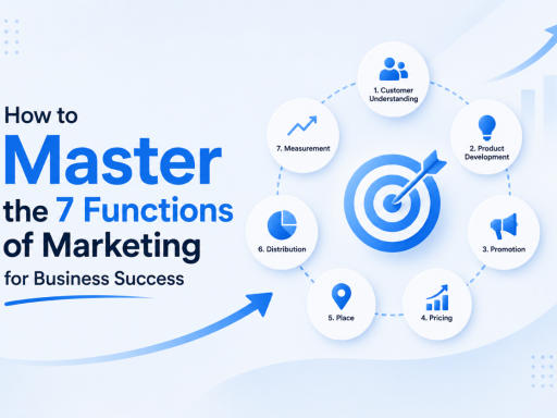 Marketing strategy illustration showing the seven functions of marketing including customer understanding, product development, promotion, pricing, place, distribution, and measurement.