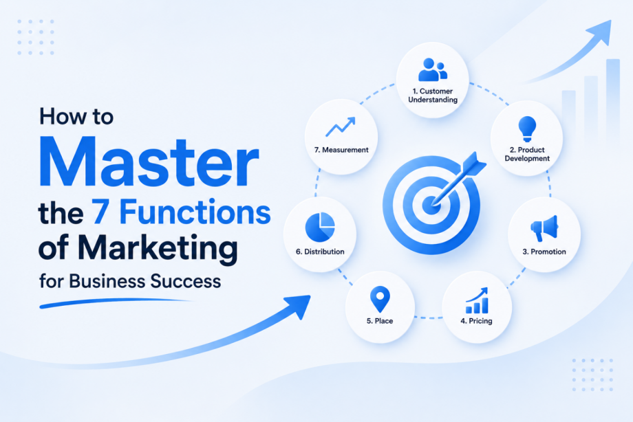 Marketing strategy illustration showing the seven functions of marketing including customer understanding, product development, promotion, pricing, place, distribution, and measurement.