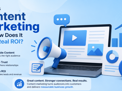 Content marketing illustration showing a laptop, megaphone, analytics dashboard, and growth chart representing content strategy, audience engagement, and ROI.