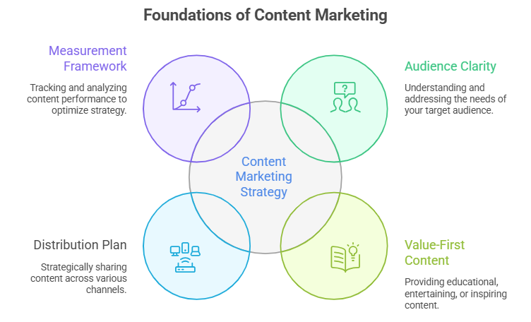 An infographic showing what a content marketing strategy is through its four main foundations.