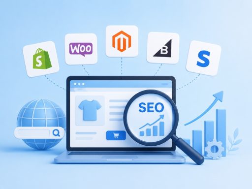 Illustration showing ecommerce SEO optimization across Shopify, WooCommerce, Magento, BigCommerce, and Squarespace with a laptop, search icon, and growth chart.