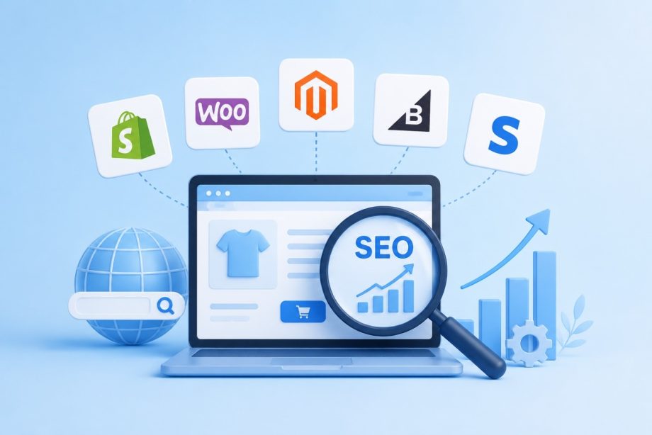 Illustration showing ecommerce SEO optimization across Shopify, WooCommerce, Magento, BigCommerce, and Squarespace with a laptop, search icon, and growth chart.