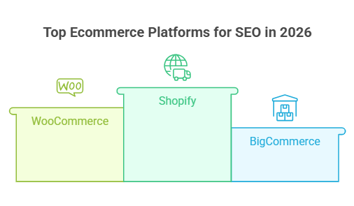 An infographic comparing which Ecommerce platform is best for SEO in 2026, with Shopify in first place, WooCommerce in second, and BigCommerce in third.