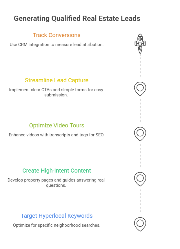 An infographic that shows the step-by-step process for how to generate real estate leads through SEO.