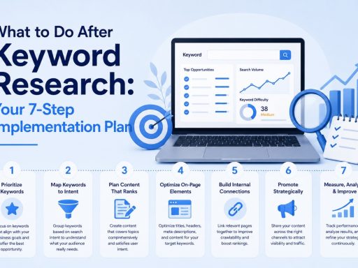 Illustration showing a 7-step SEO implementation plan after keyword research, including keyword prioritization, search intent mapping, content planning, on-page SEO, internal linking, content promotion, and performance analysis.