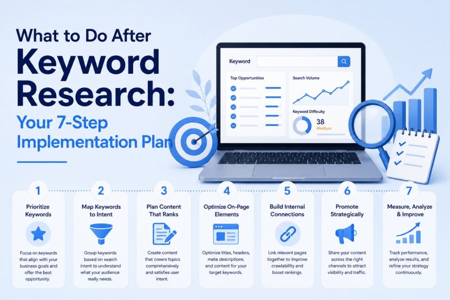 Illustration showing a 7-step SEO implementation plan after keyword research, including keyword prioritization, search intent mapping, content planning, on-page SEO, internal linking, content promotion, and performance analysis.