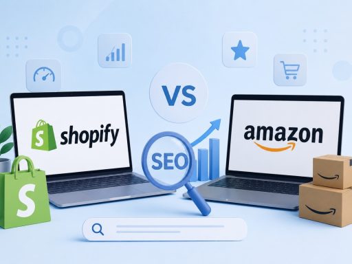 Illustration comparing Shopify and Amazon for ecommerce SEO with laptops, search optimization icon, analytics graph, and online shopping elements.