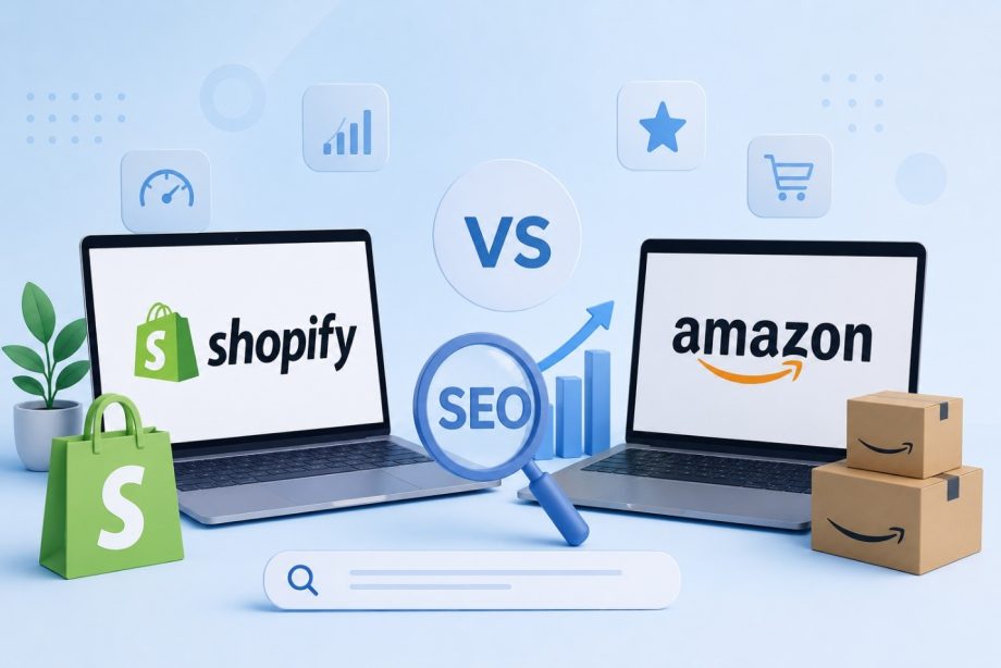 Illustration comparing Shopify and Amazon for ecommerce SEO with laptops, search optimization icon, analytics graph, and online shopping elements.