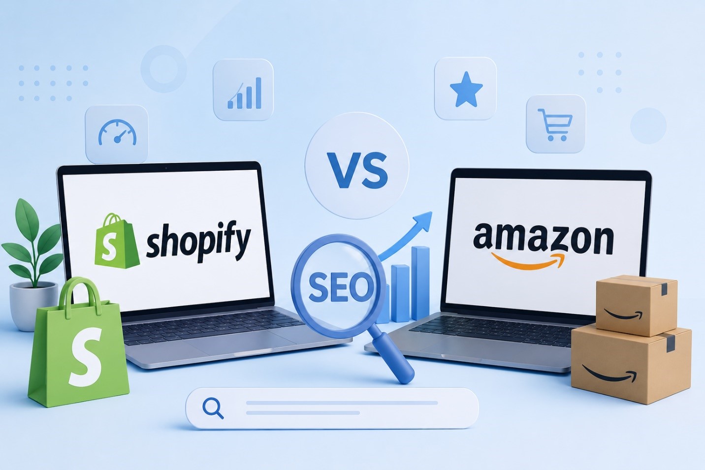 Illustration comparing Shopify and Amazon for ecommerce SEO with laptops, search optimization icon, analytics graph, and online shopping elements.
