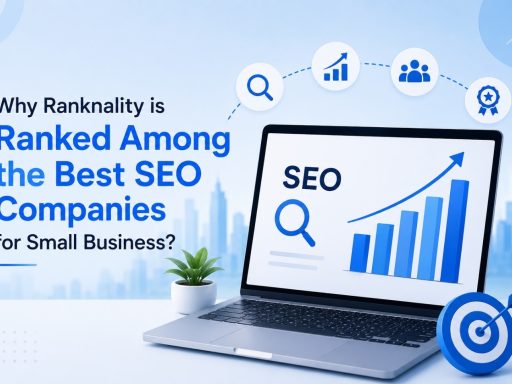 SEO illustration showing a laptop with analytics, search optimization icons, and a growth chart representing the best SEO services for small businesses.