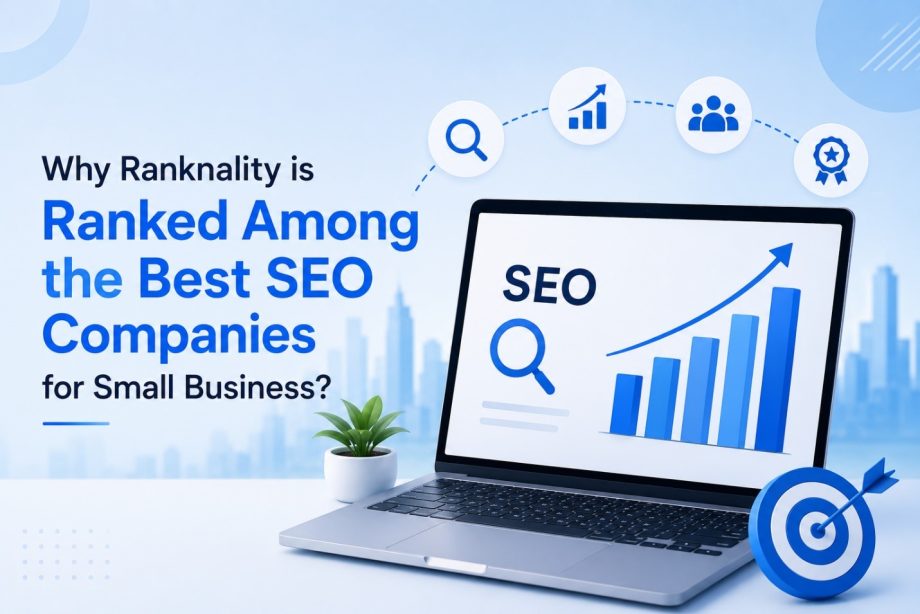 SEO illustration showing a laptop with analytics, search optimization icons, and a growth chart representing the best SEO services for small businesses.