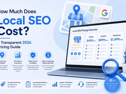 Illustration showing local SEO pricing plans and Google Business Profile optimization, explaining local SEO costs, pricing tiers, and ROI for businesses in 2026.