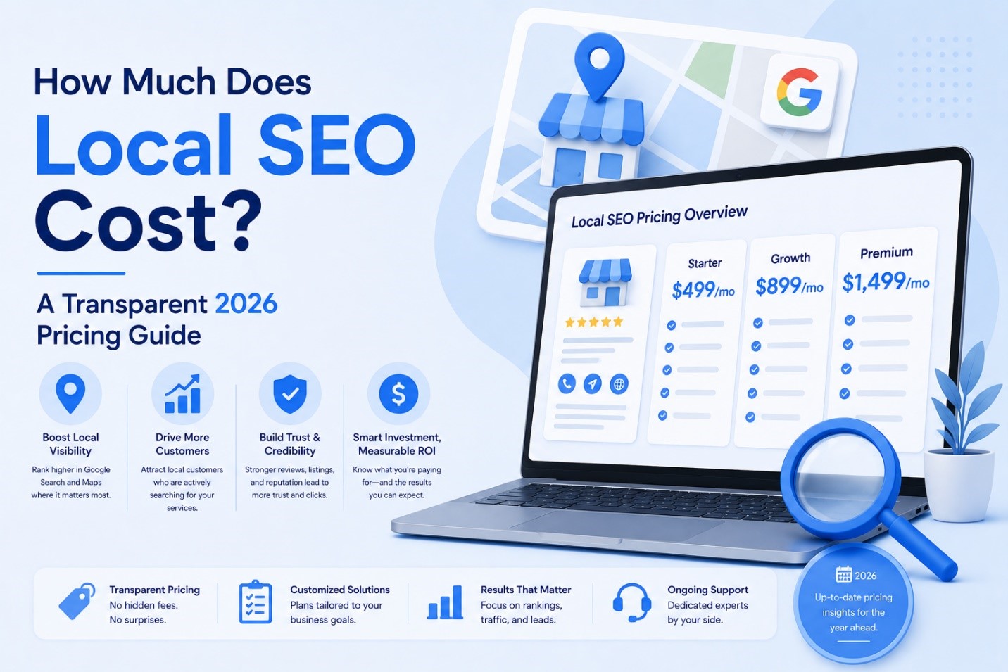 Illustration showing local SEO pricing plans and Google Business Profile optimization, explaining local SEO costs, pricing tiers, and ROI for businesses in 2026.