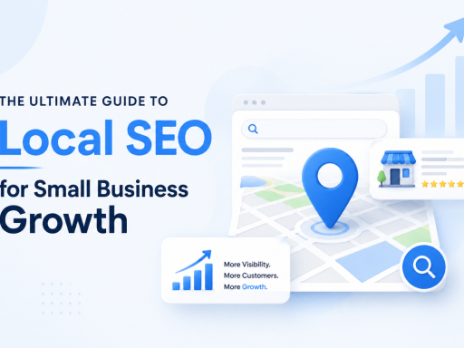 Illustration of local SEO for small business growth featuring a map pin, Google Business listing, search interface, and business growth chart.