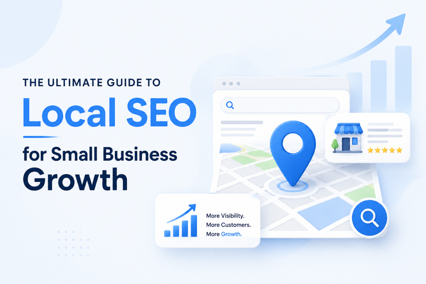Illustration of local SEO for small business growth featuring a map pin, Google Business listing, search interface, and business growth chart.
