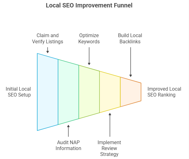 An infographic showing the growth funnel for local SEO for a small business. It shows five essentials, including claiming and verifying listings, auditing NAP, optimizing keywords, a strategy for reviews, and building local backlinks.