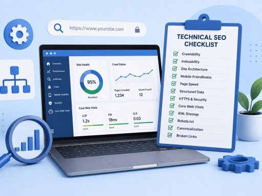 Illustration of a technical SEO checklist featuring website crawlability, indexability, Core Web Vitals, XML sitemap, HTTPS security, structured data, and page speed optimization.