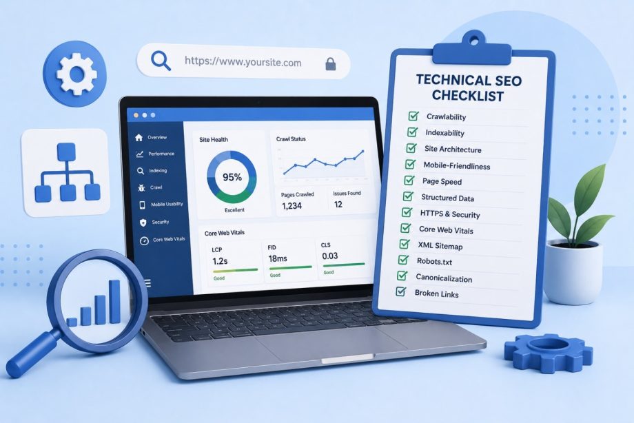 Illustration of a technical SEO checklist featuring website crawlability, indexability, Core Web Vitals, XML sitemap, HTTPS security, structured data, and page speed optimization.
