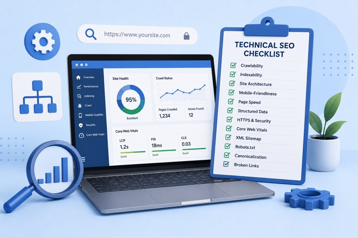 Illustration of a technical SEO checklist featuring website crawlability, indexability, Core Web Vitals, XML sitemap, HTTPS security, structured data, and page speed optimization.