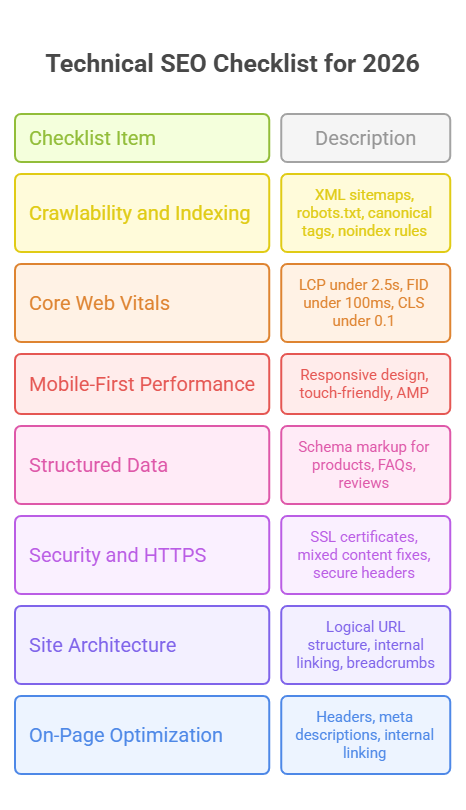 A Technical SEO Checklist for 2026 infographic featuring a two-column table that lists key optimization tasks and their descriptions, including crawlability, Core Web Vitals, mobile performance, and structured data. Each row uses a different color to distinguish between categories like security, site architecture, and on-page optimization.